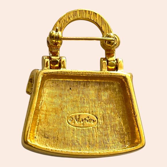 Vintage Napier Crystal Rhinestone Purse Handbag Pin Brooch Gold Tones - Picture 4 of 4